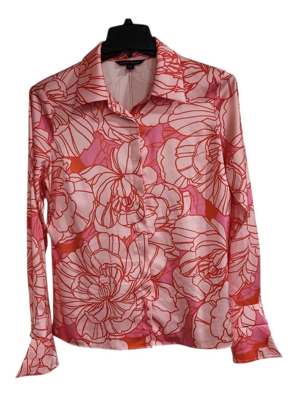 Boston Proper Sophia Blouse 12 Pink Floral Silk Charmeuse Button Up Top EUC - Picture 2 of 11